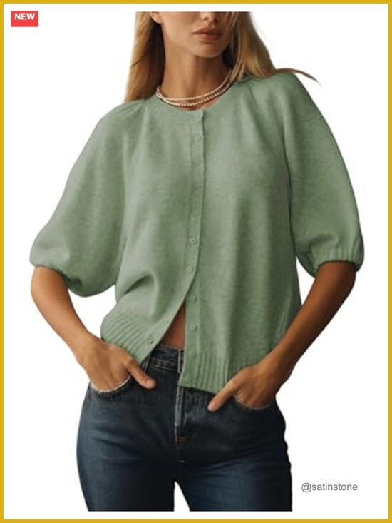 Sweaters - Casual Short Puff Sleeves Crewneck Cardigan Button Down Knit Sweater Open Front